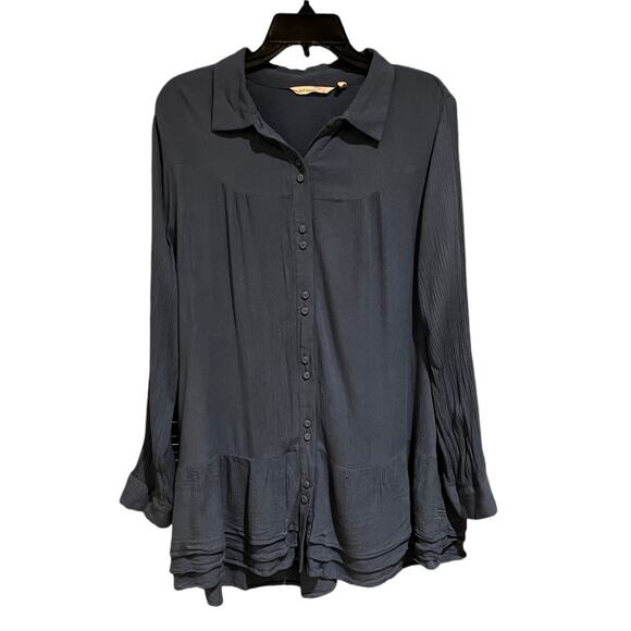 Soft Surroundings Petite Large Tunic Top Blue Button Down Pockets Collar Long - Picture 1 of 7